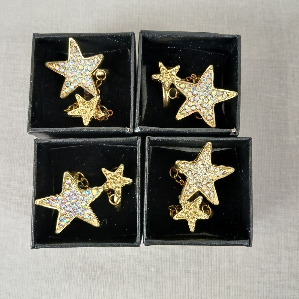 wholesale lot Set of 4 Rhinestone Double Star Rings adjustable OSFA gold costume